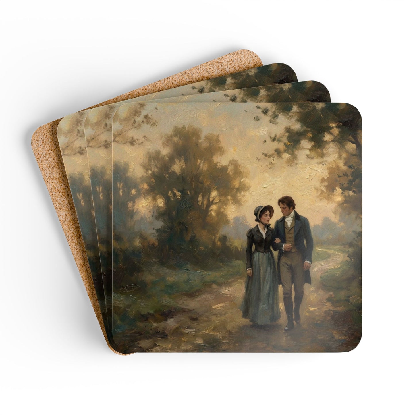 Set of coasters with a Painting of Lizzy and Darcy walking arm-in-arm down a country lane