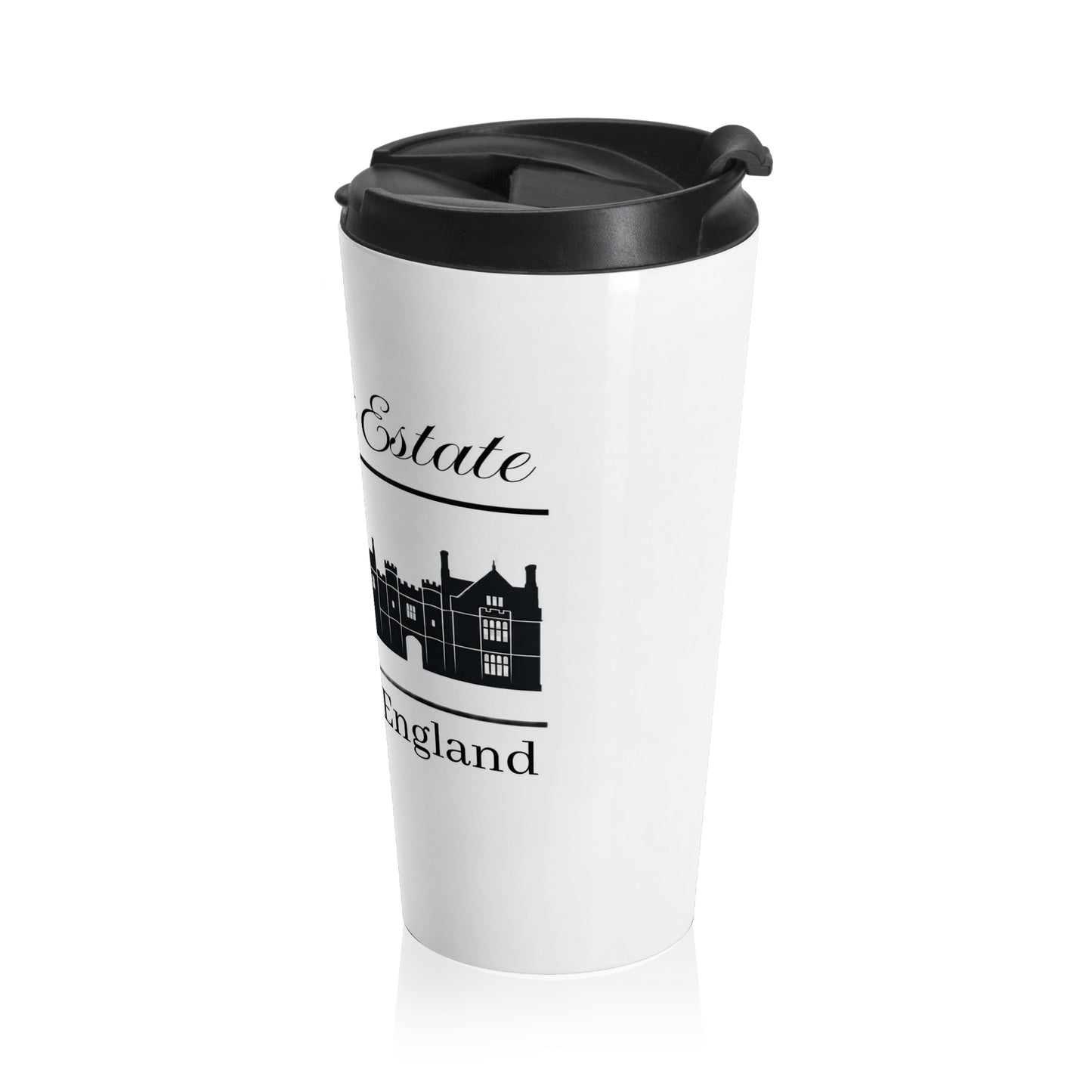 White travel mug with black text Pemberley Estate and design on a white background