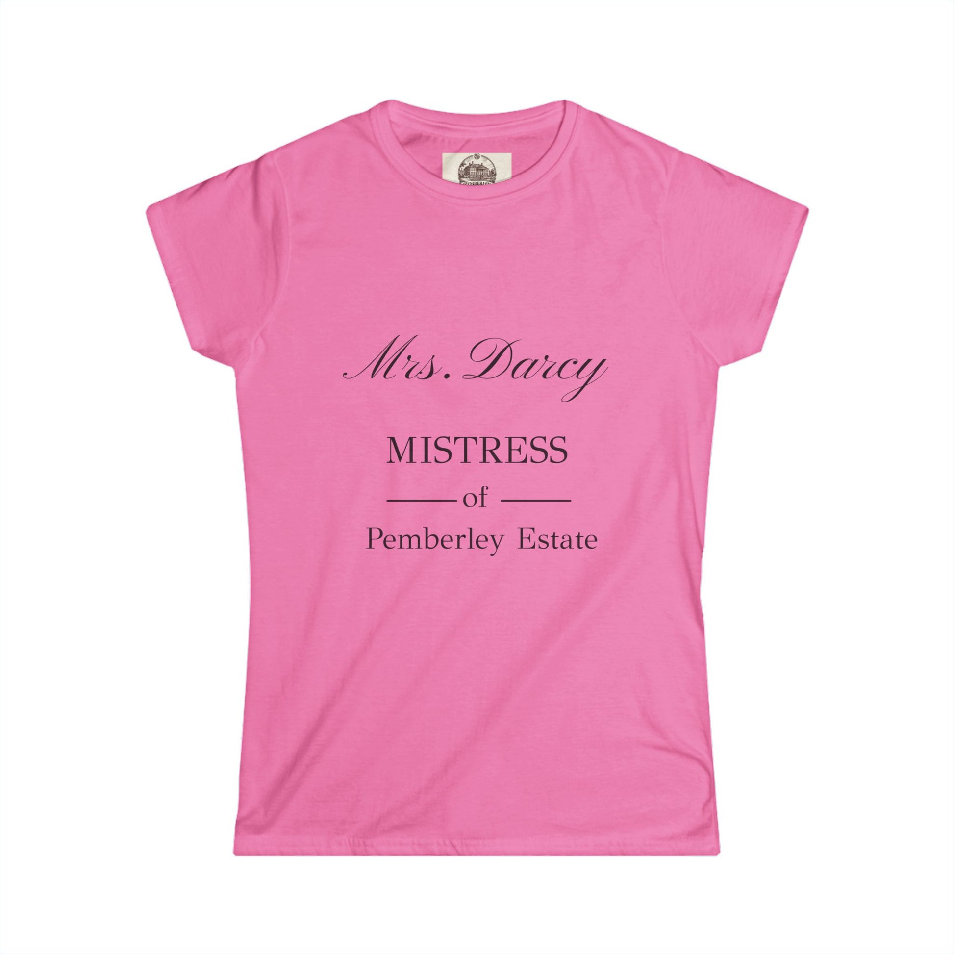 Ladies Mrs Darcy tshirt mistress of pemberley estate – pink tee with serif text
