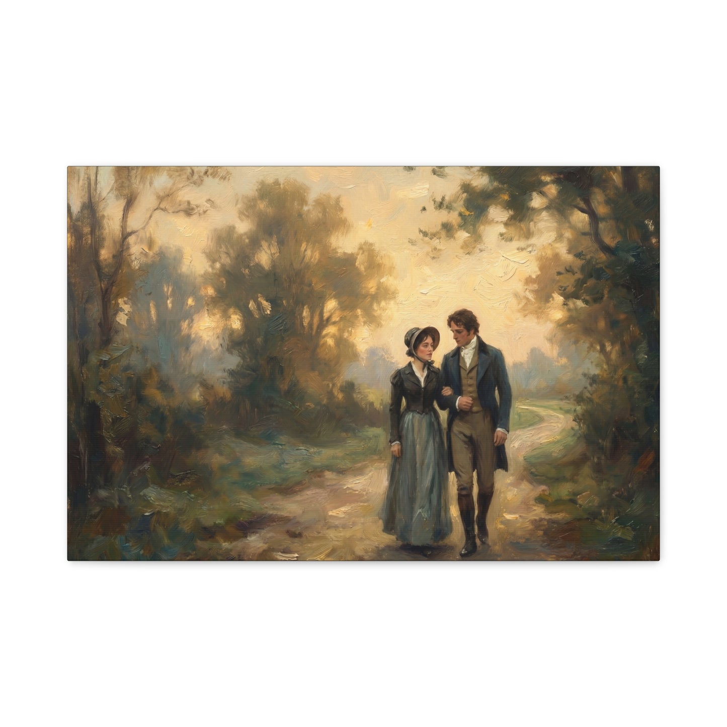 Painting of a couple walking along a path in a forest