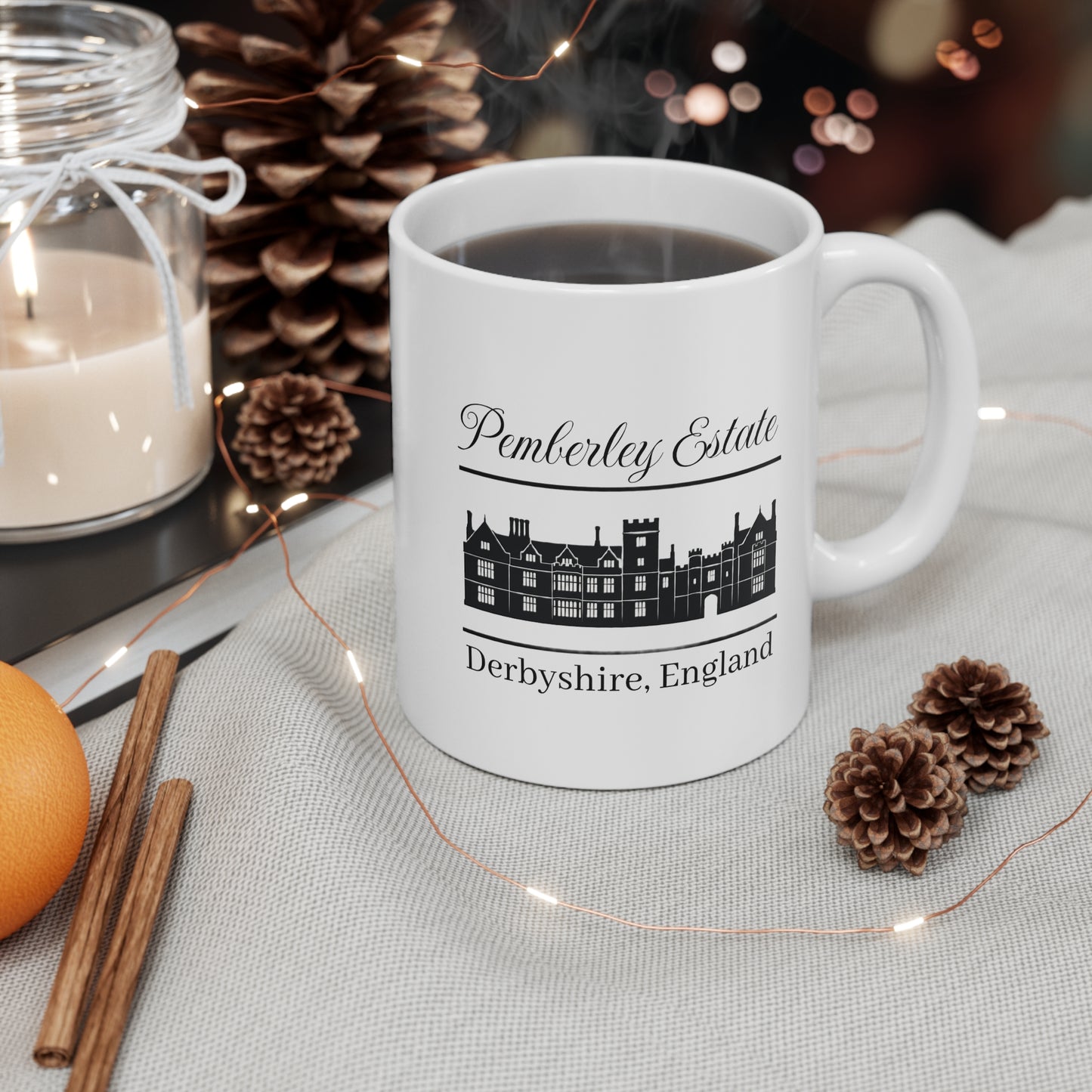 Pemberley Estate House Mug — “Derbyshire, England” (11oz)