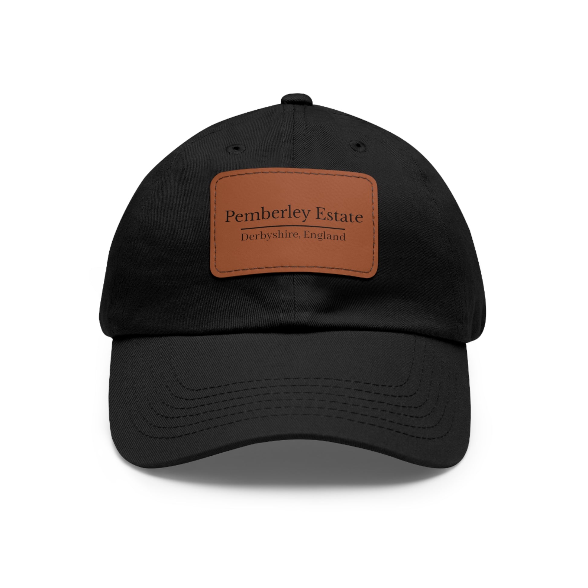 Black cap with a brown leather patch featuring Pemberley Estate writing 