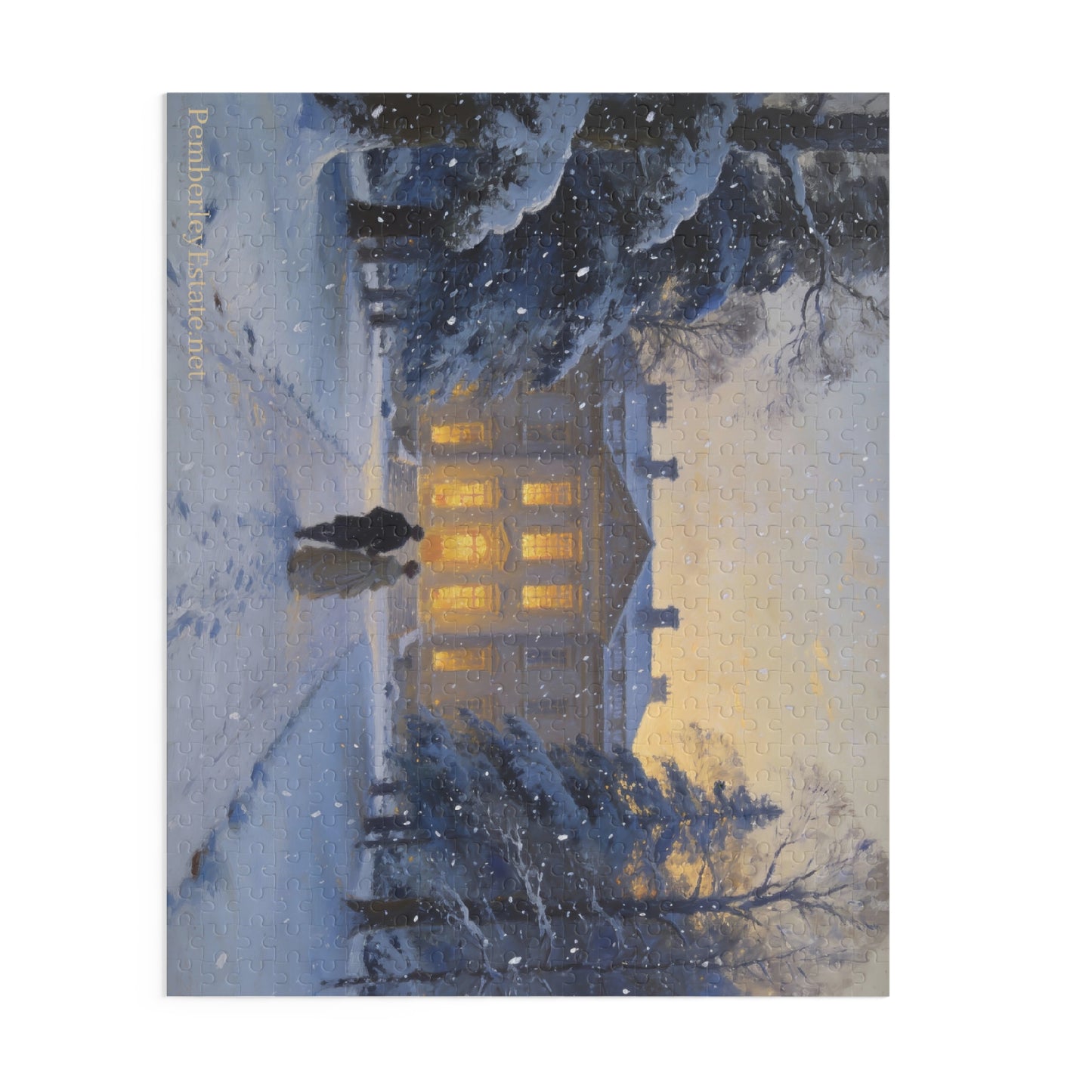 Winter scene with a building illuminated by warm light, surrounded by snow and trees.