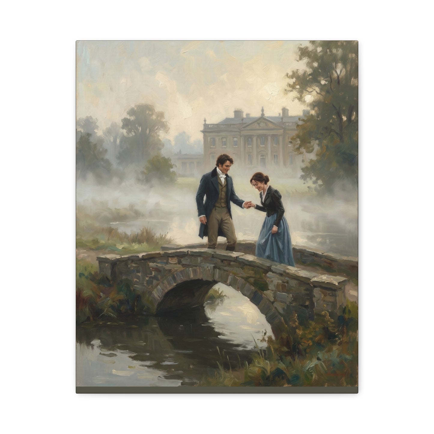 Darcy and Lizzy on the Bridge at Pemberley Estate Matte Canvas Print