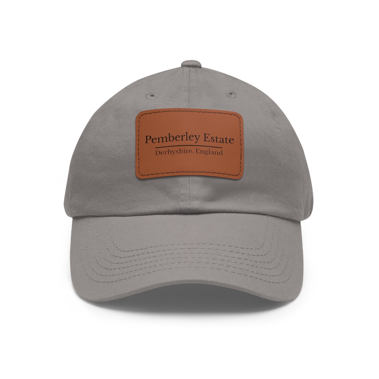 Gray hat with Pemberley Estate writing on  a leather patch