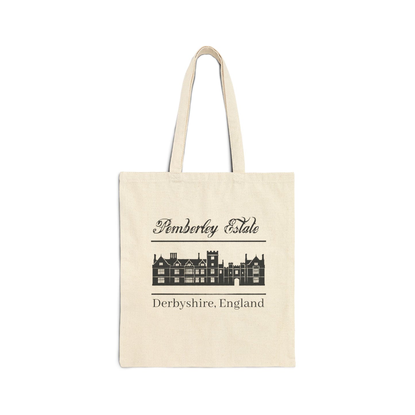 Pemberley Estate Derbyshire England with building black text on beige tote bag front