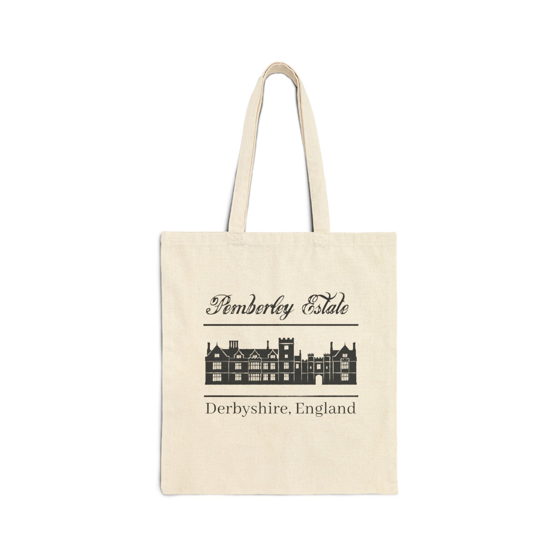 Pemberley Estate Derbyshire England with building black text on beige tote bag front