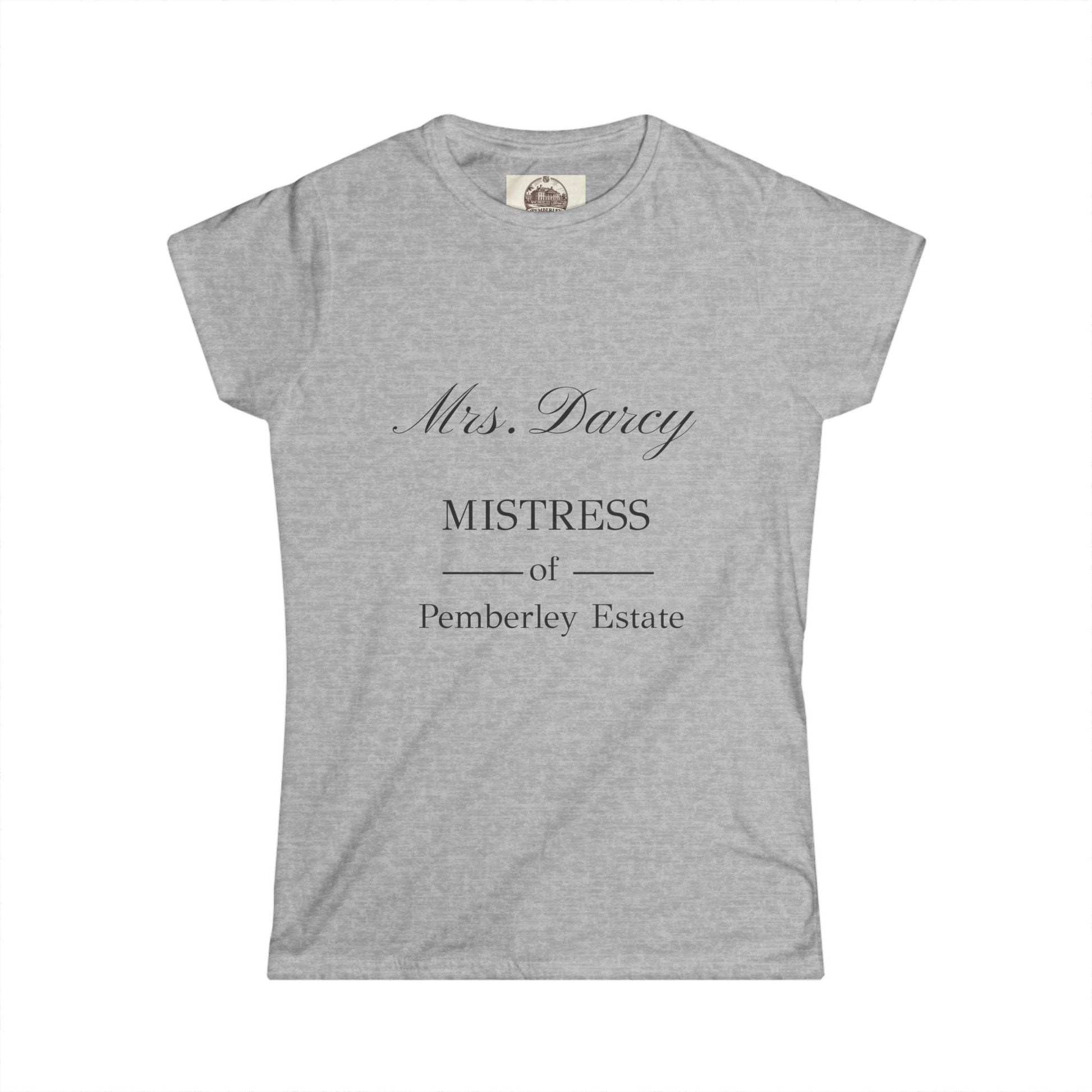 Ladies Mrs Darcy tshirt mistress of pemberley estate – light gray tee with serif text