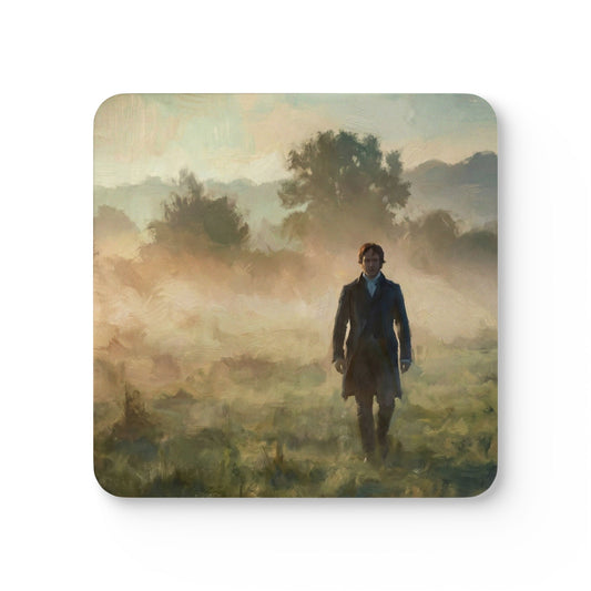 Mr. Darcy walking in the morning mist image on a coaster