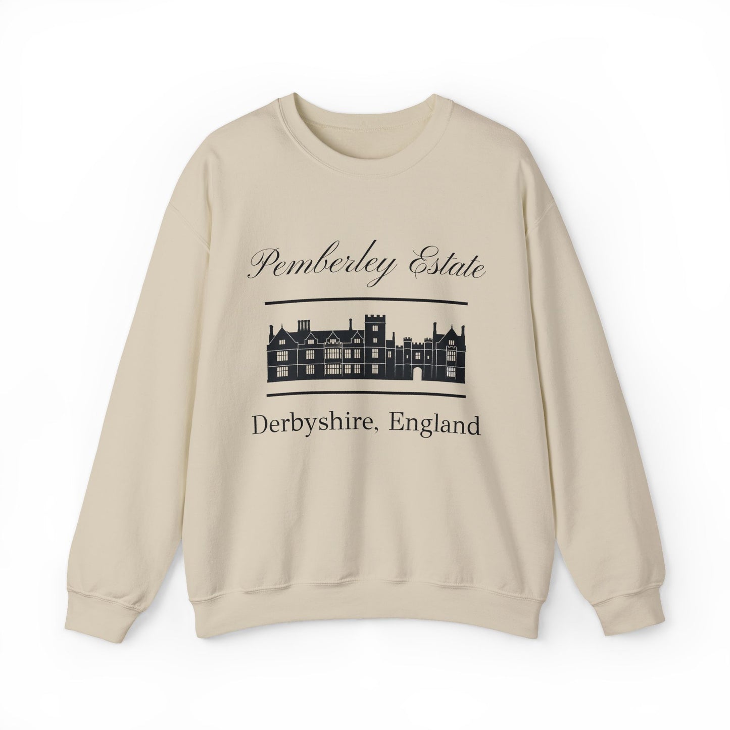 Pemberley Estate Derbyshire England lettering with building  unisex sand sweatshirt