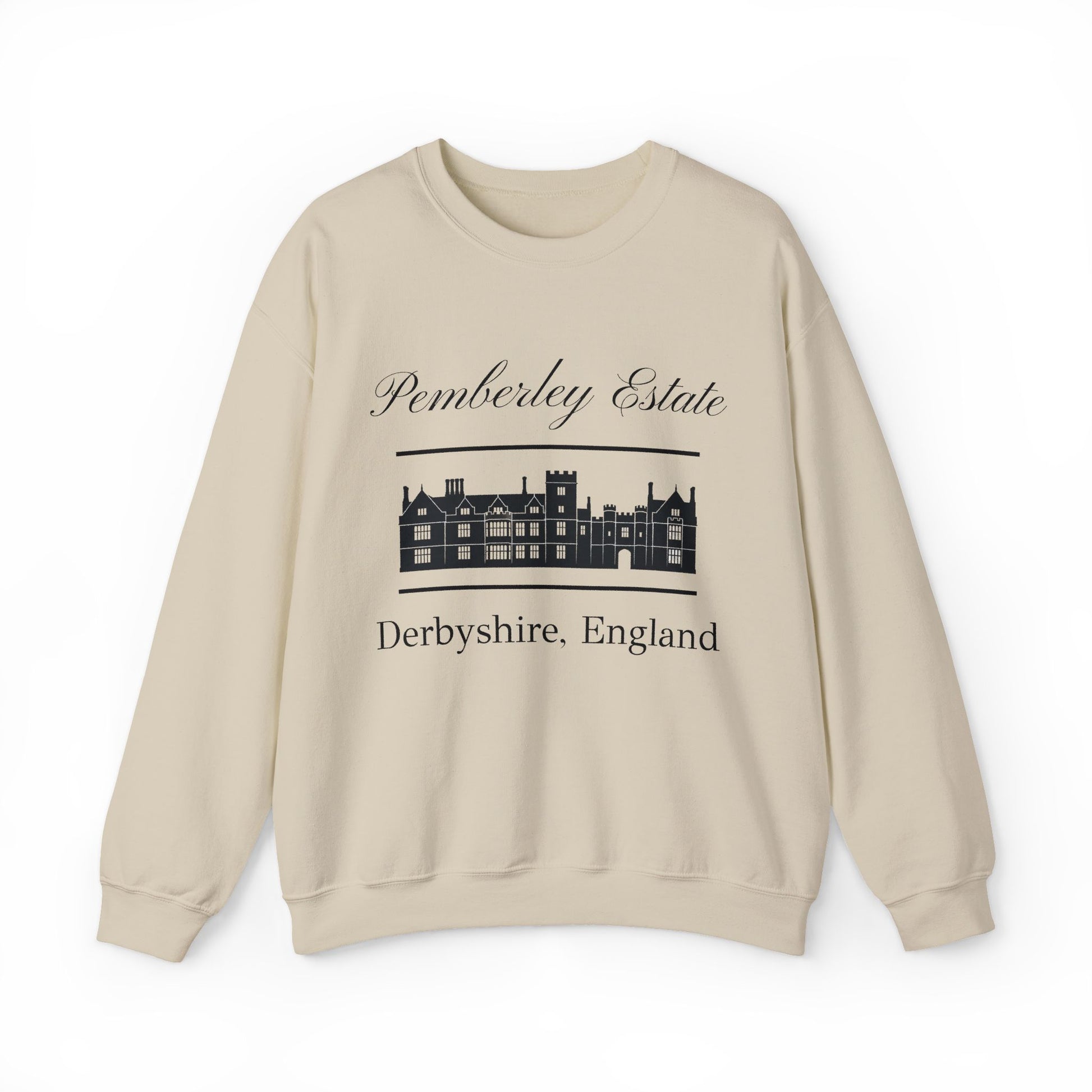 Pemberley Estate Derbyshire England lettering with building  unisex sand sweatshirt