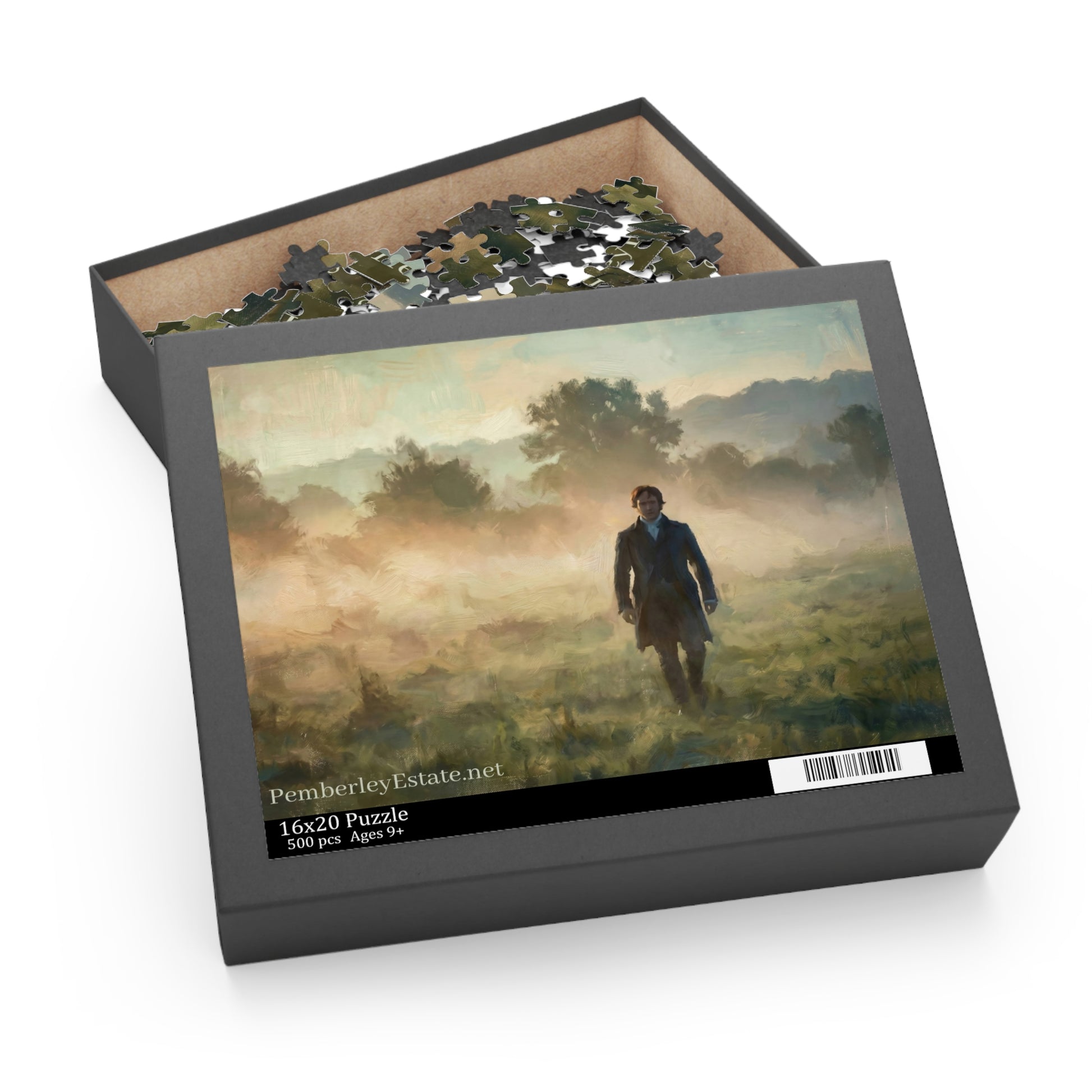 Puzzle box with a scenic image of Mr. Darcy in a field and 'Pemberley Estate.net' branding.