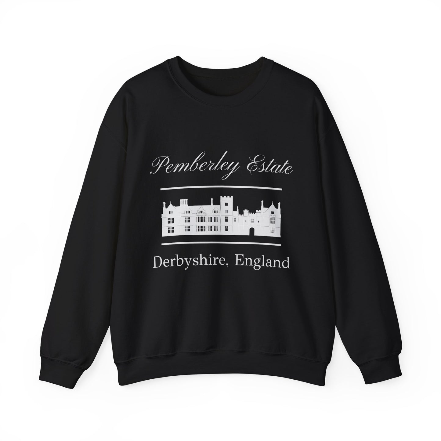 Pemberley Estate Derbyshire England lettering with building  unisex black sweatshirt