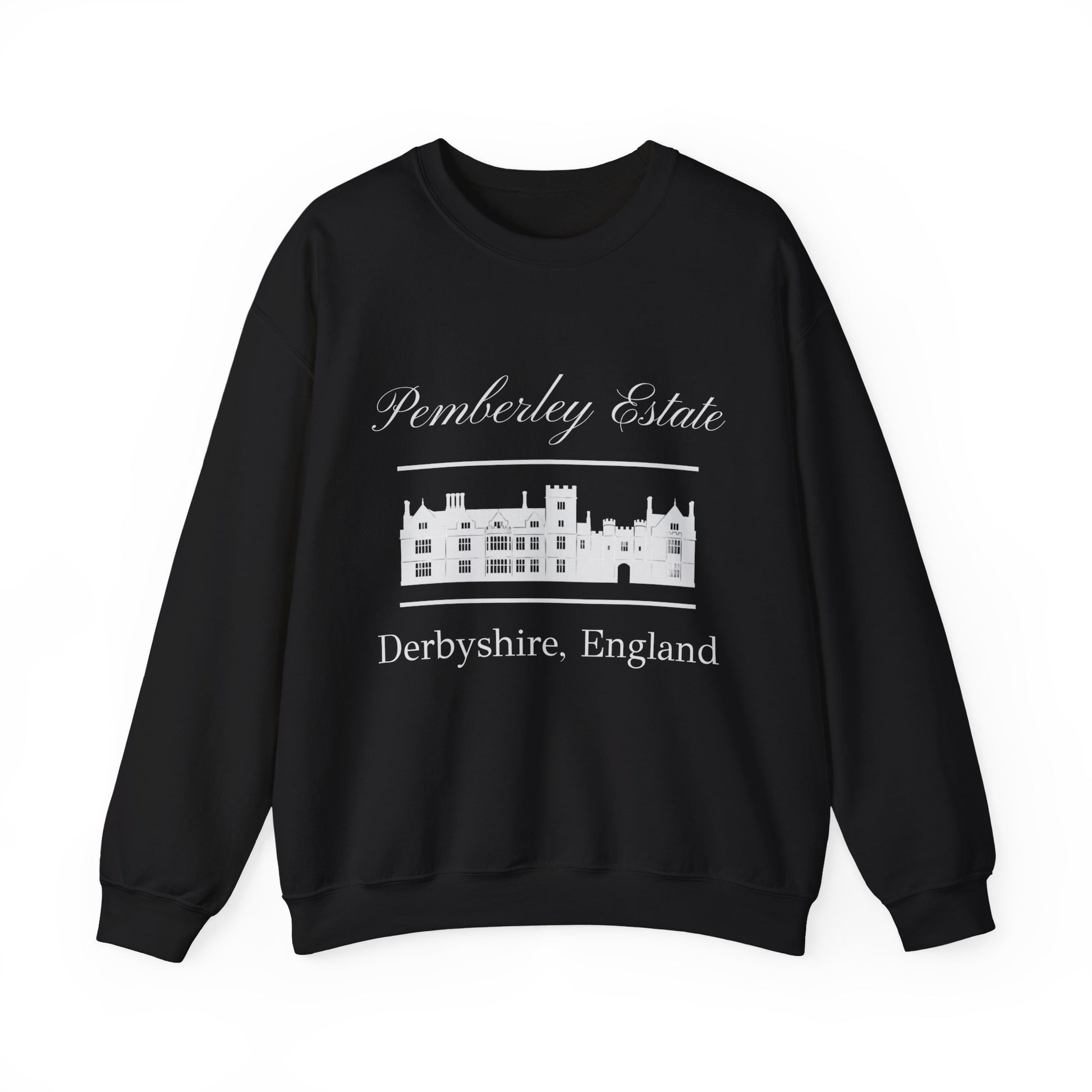 Pemberley Estate Derbyshire England lettering with building  unisex black sweatshirt