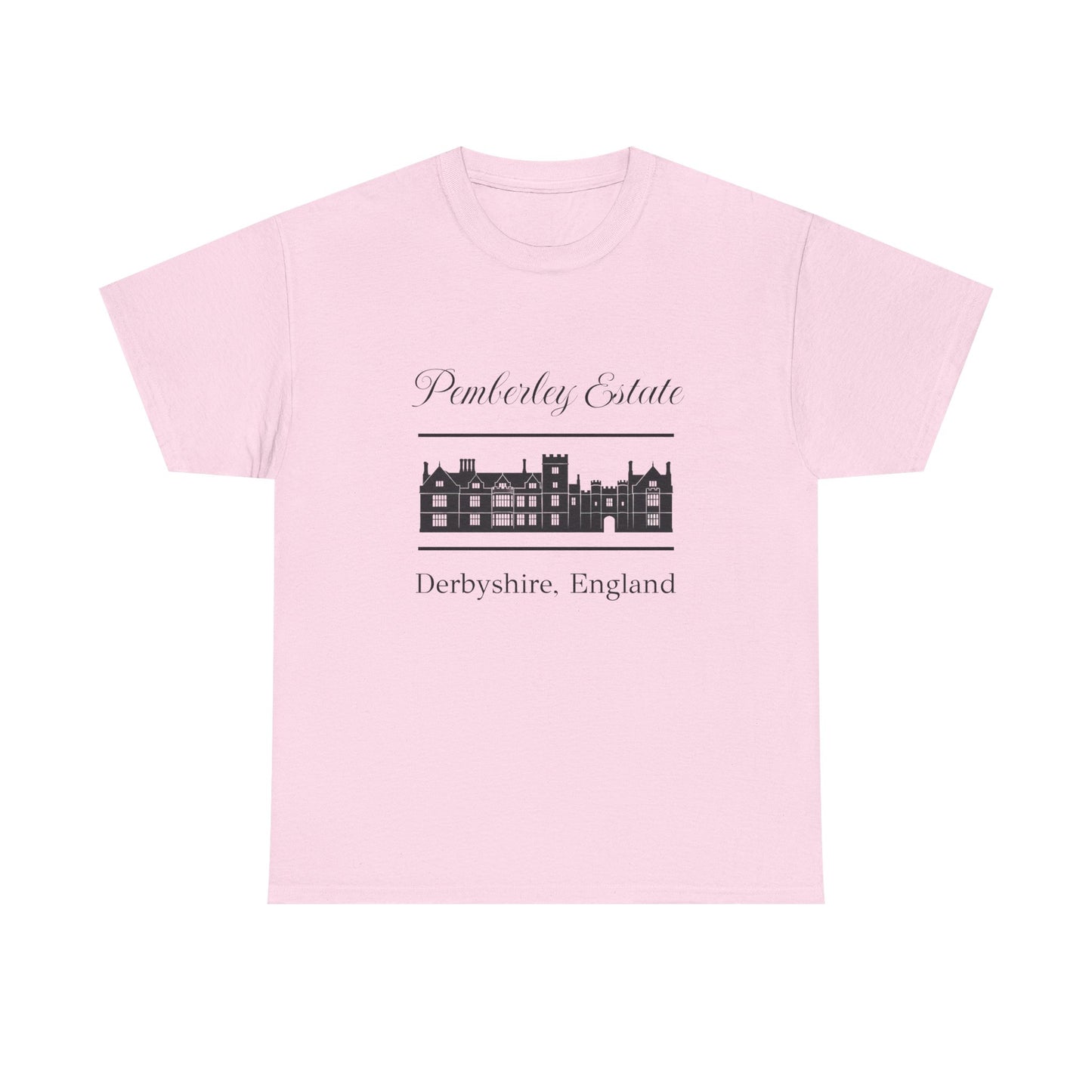 Pink t-shirt with black text Pemberley Estate and graphic