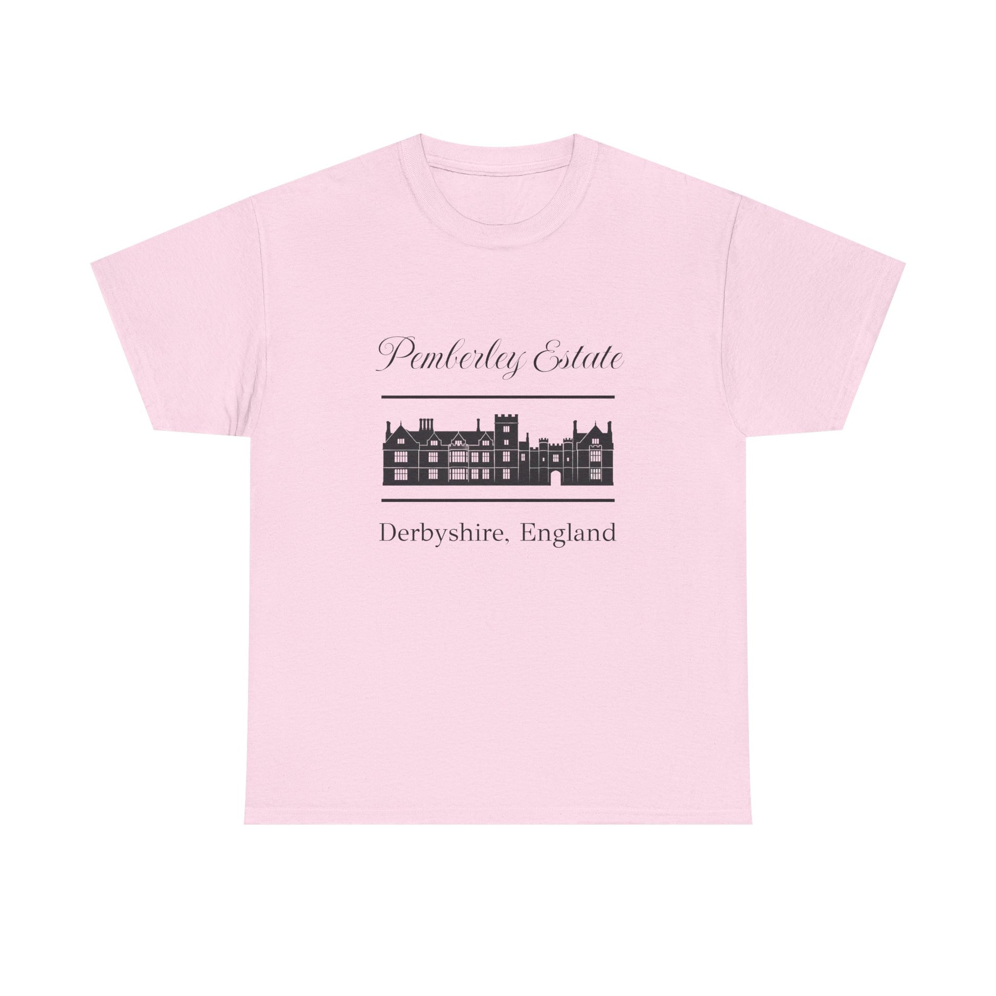 Pink t-shirt with black text Pemberley Estate and graphic