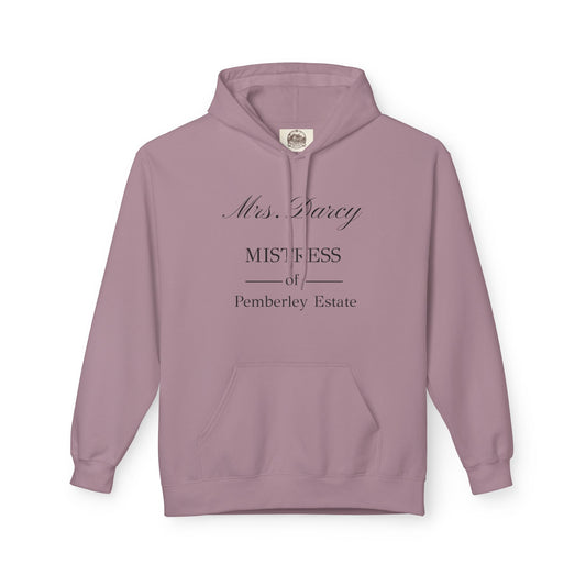 Mrs Darcy mistress of Pemberley Estate black text on woman's hoodie - rose color