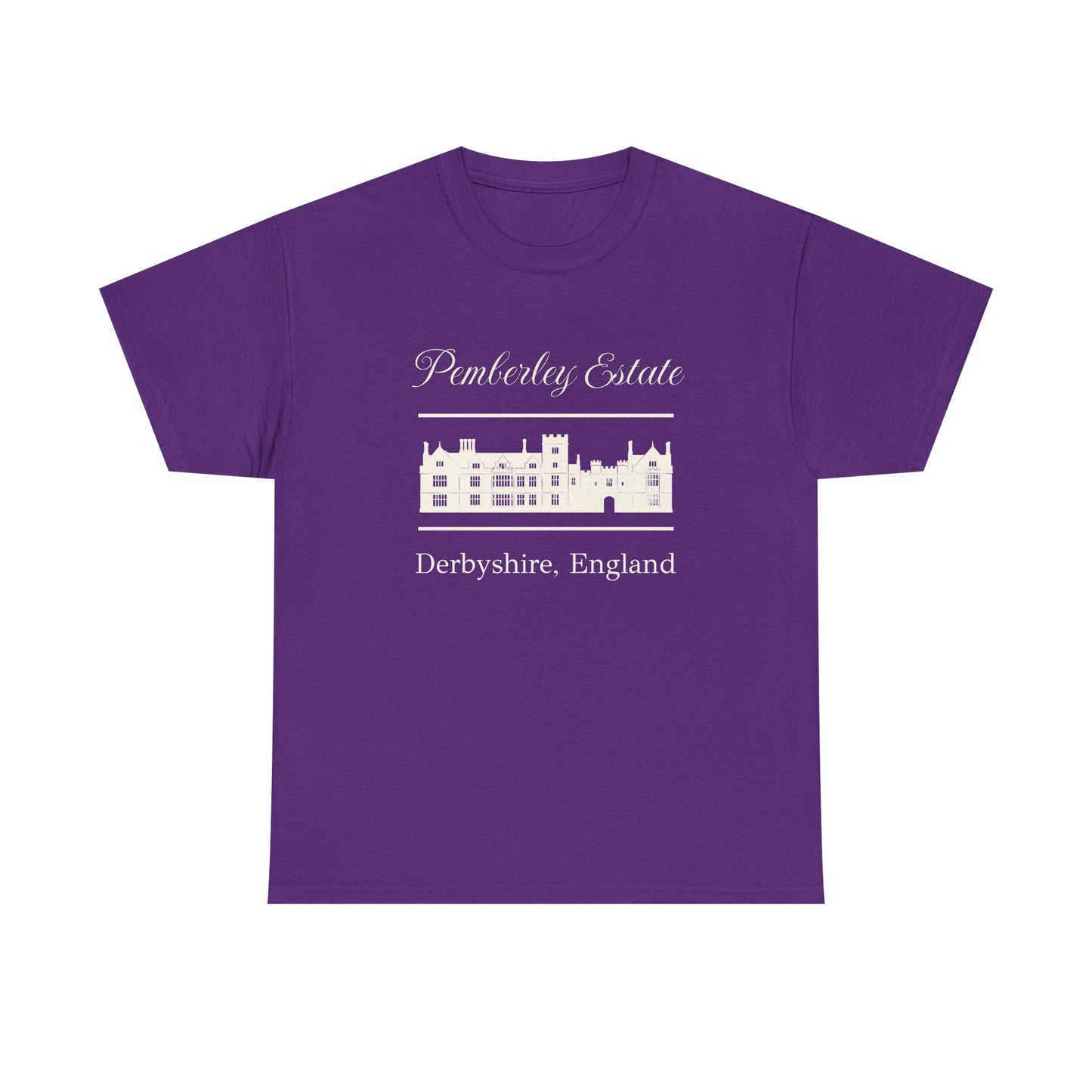 Purple t-shirt with black text Pemberley Estate and graphic