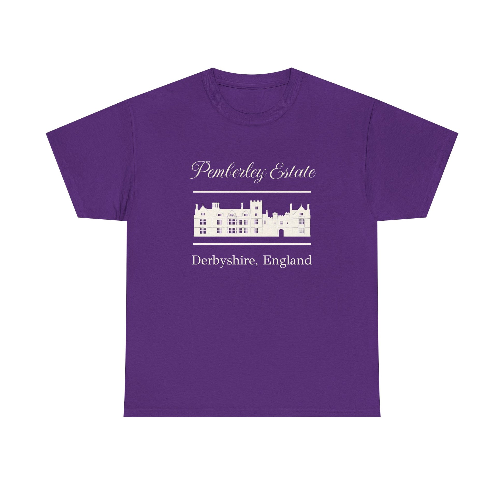 Purple t-shirt with black text Pemberley Estate and graphic