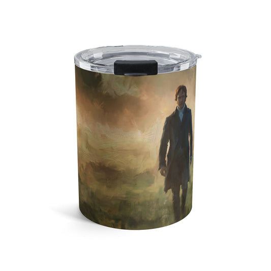 Tumbler with a printed design of Mr. Darcy walking in the mist
