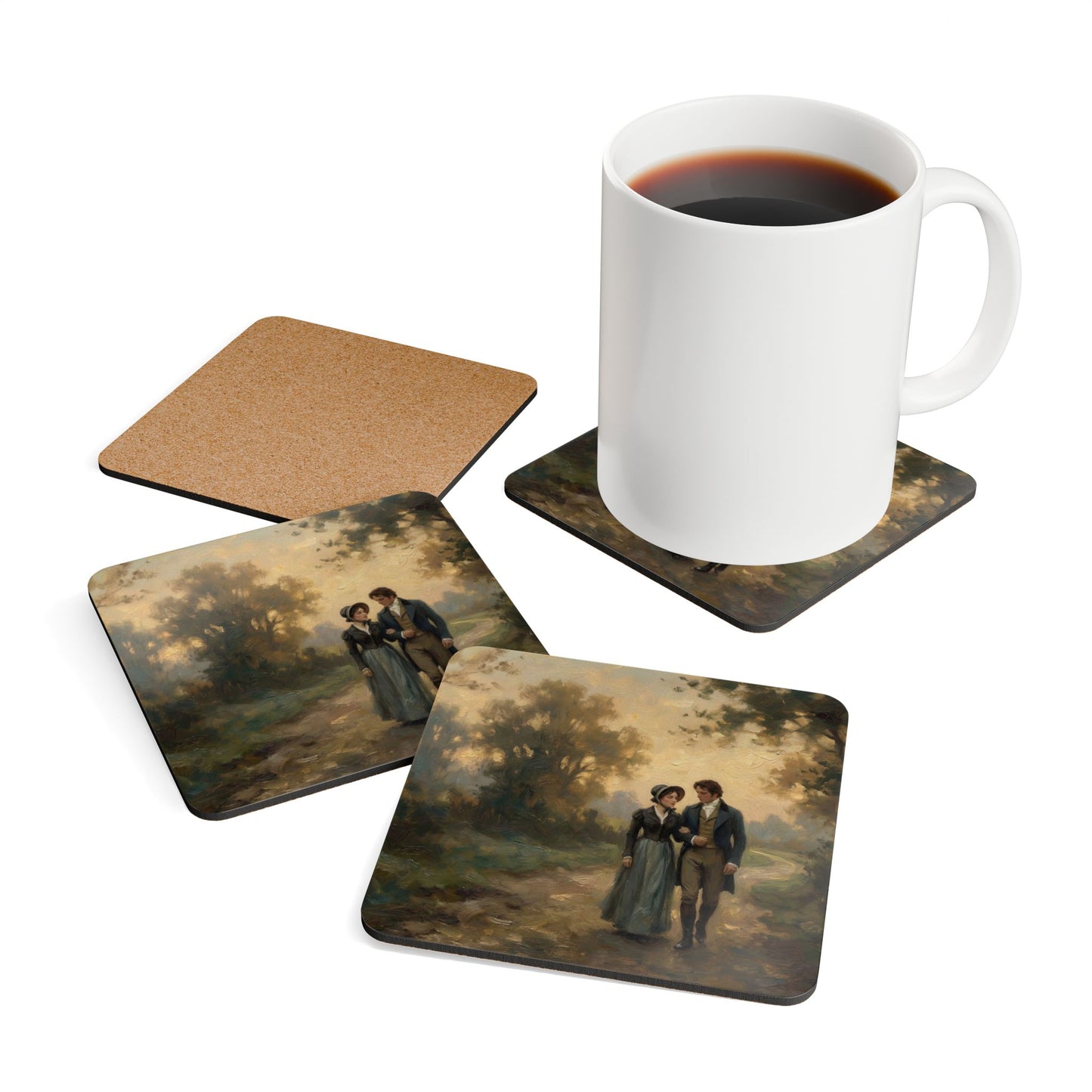 Set of coasters with scenic designs and a mug of coffee on a white background