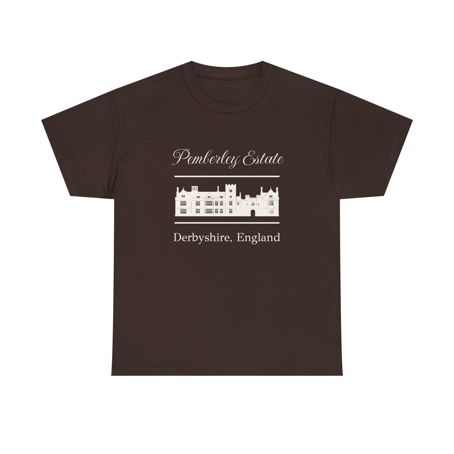 Brown t-shirt with black text Pemberley Estate and graphic