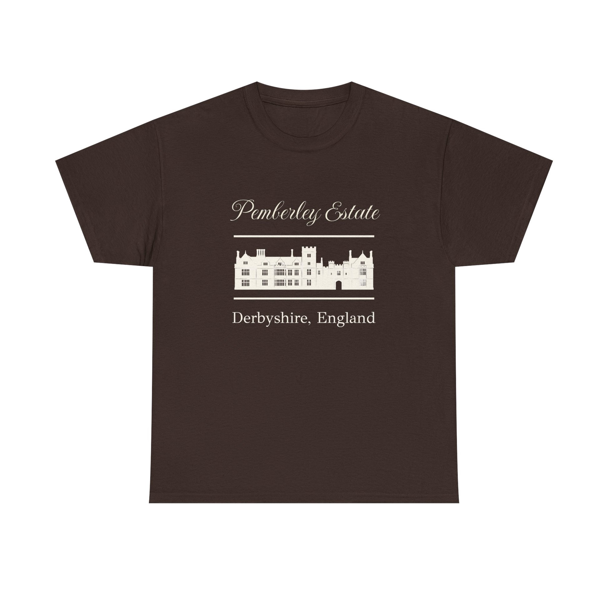 Brown t-shirt with black text Pemberley Estate and graphic