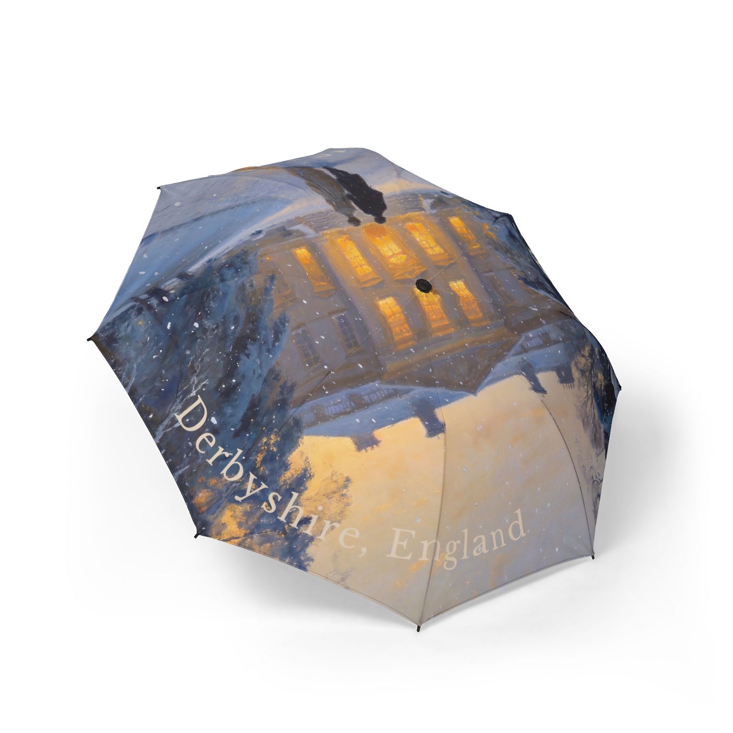 Umbrella with a printed design of Derbyshire, England on a white background