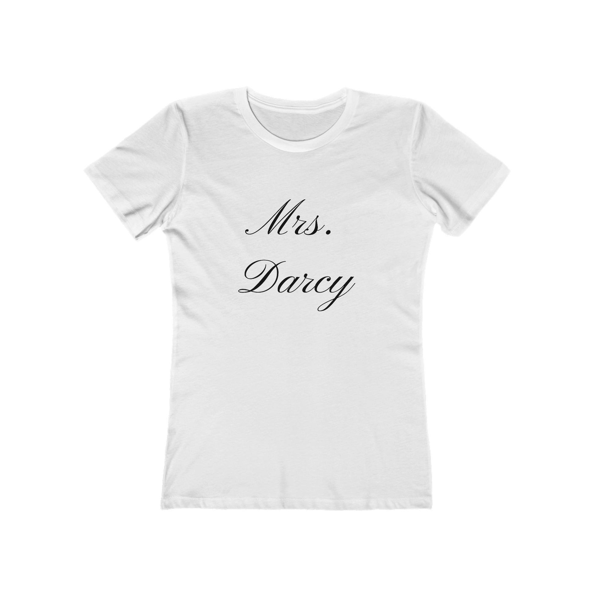 Mrs Darcy black text on woman's t-shirt - white