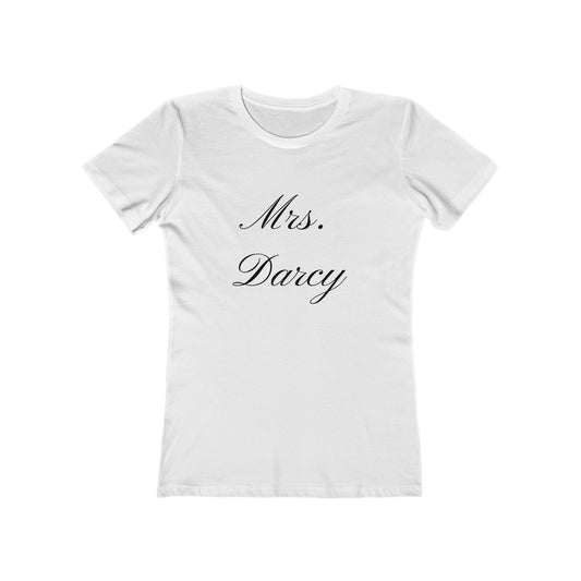 Mrs Darcy black text on woman's t-shirt - white