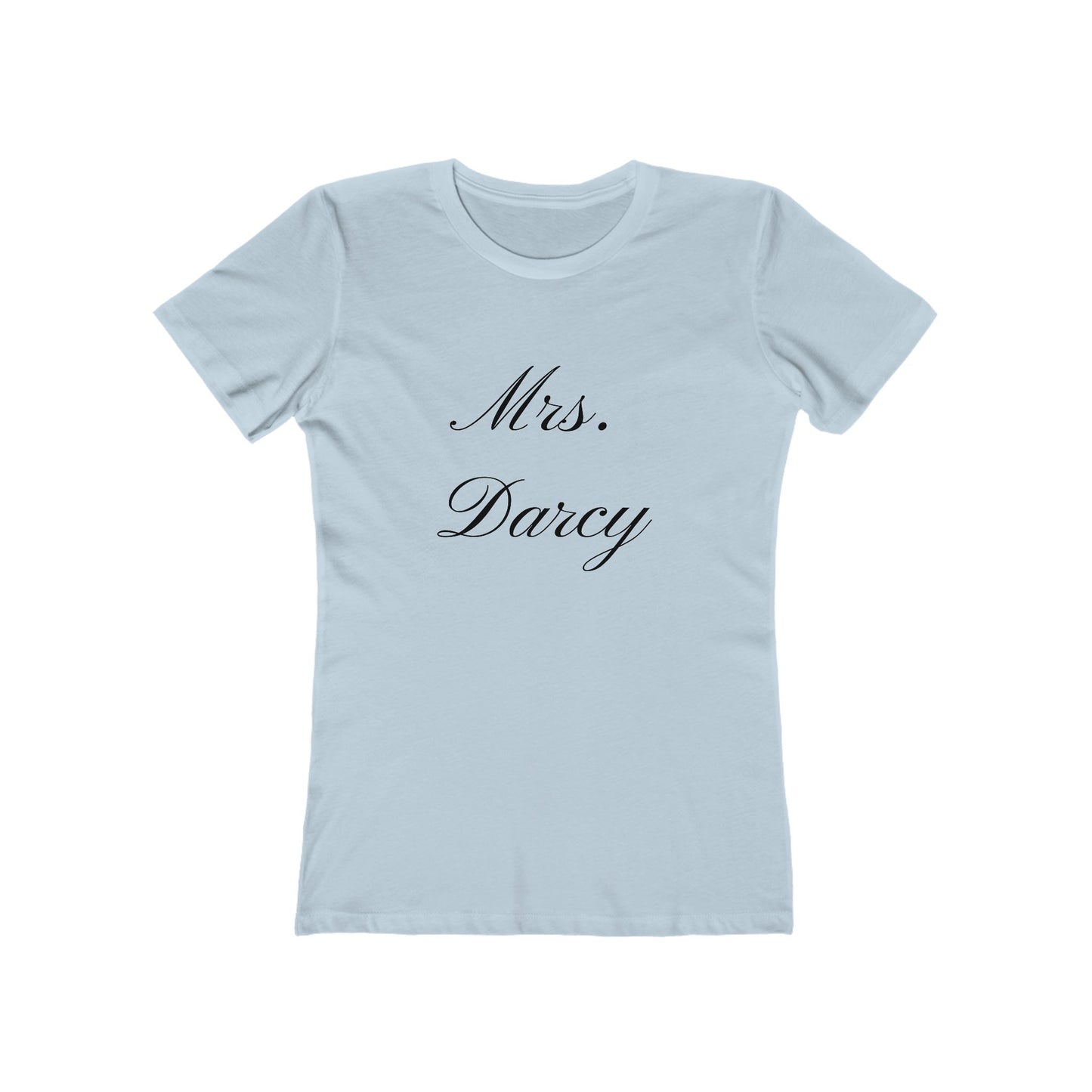 Mrs Darcy black text on woman's t-shirt -  light blue
