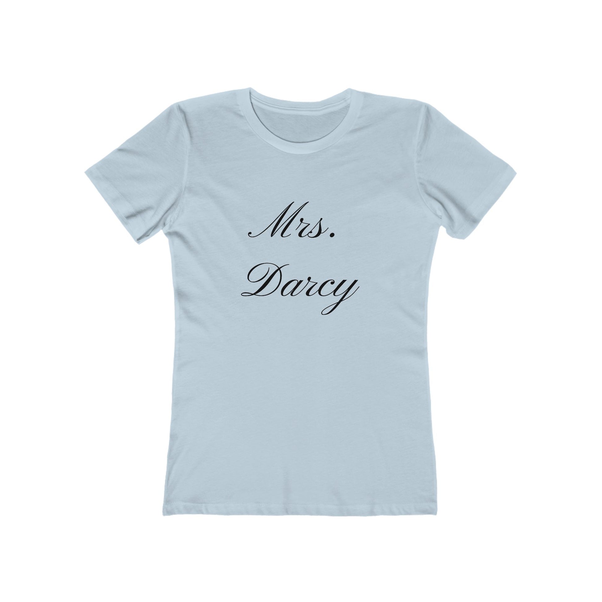 Mrs Darcy black text on woman's t-shirt -  light blue