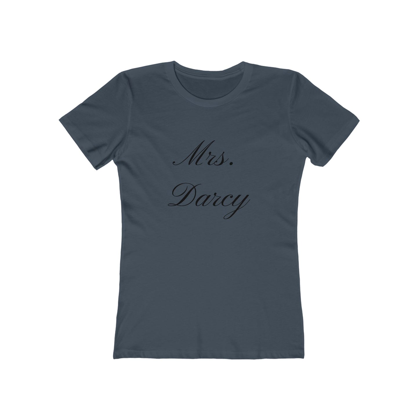 Mrs Darcy black text on woman's t-shirt - indigo