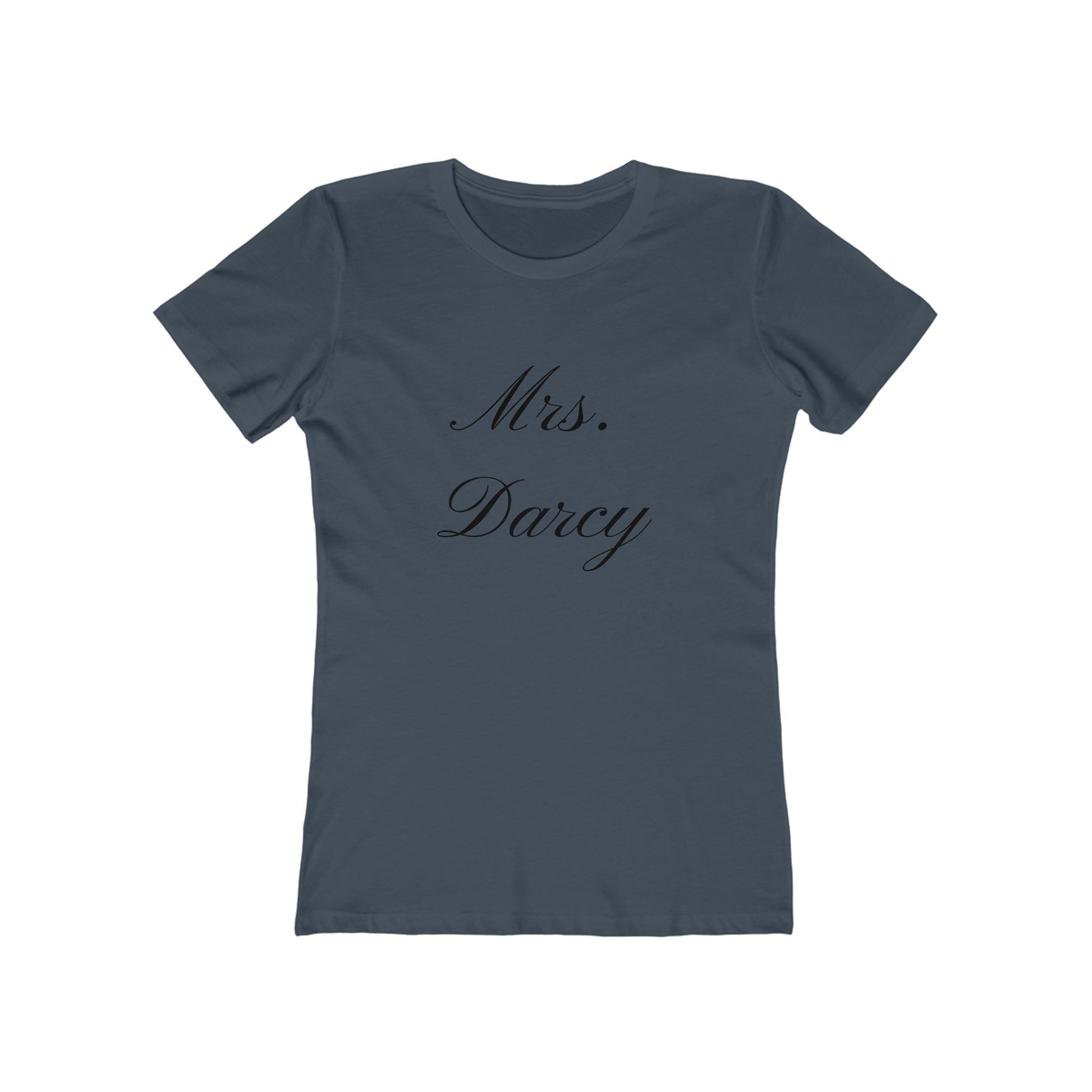 Mrs Darcy black text on woman's t-shirt - indigo