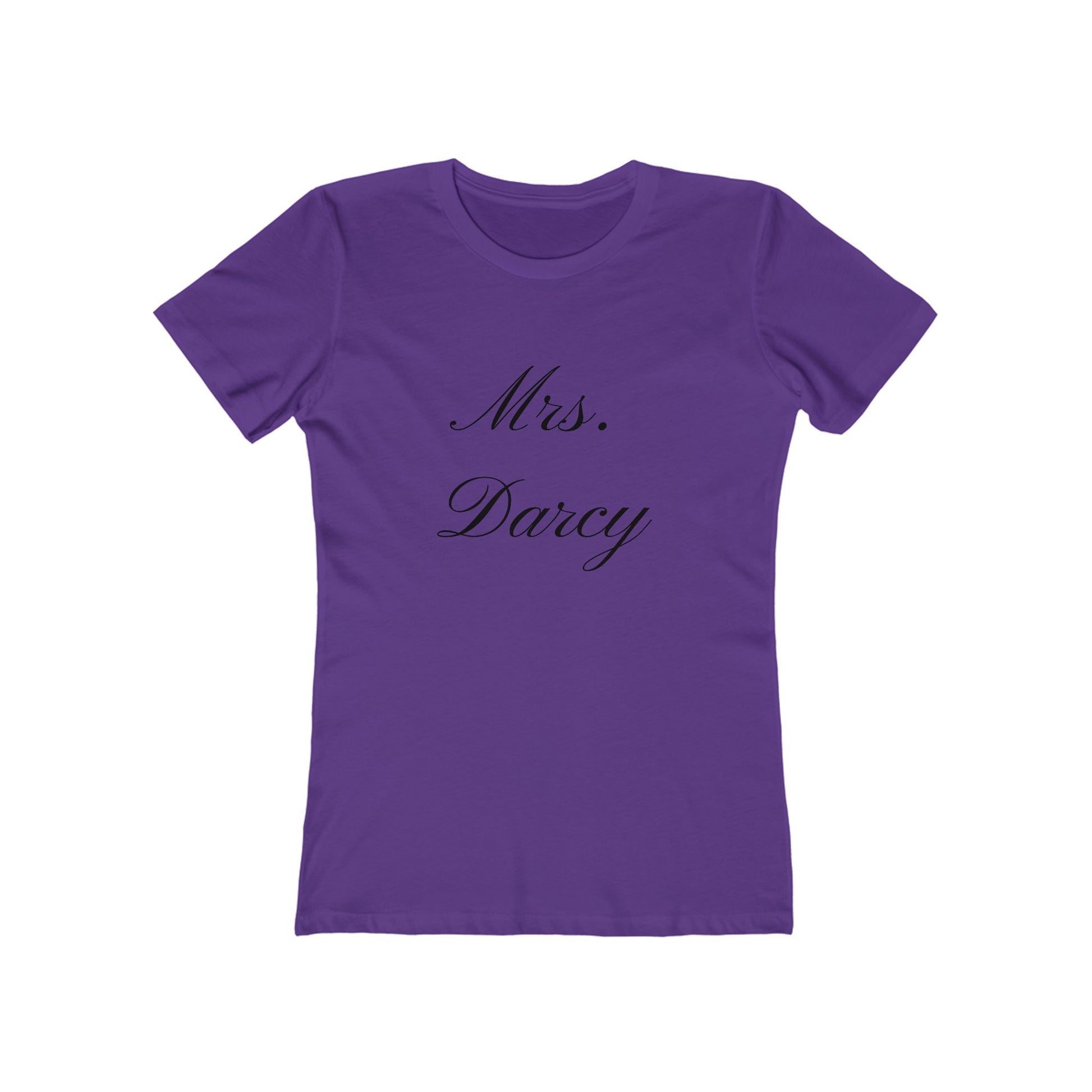 Mrs Darcy black text on woman's t-shirt - purple