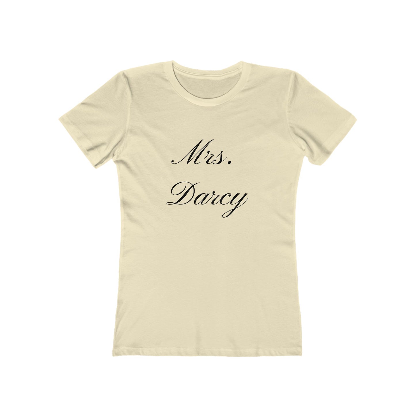 Mrs Darcy black text on woman's t-shirt - natural
