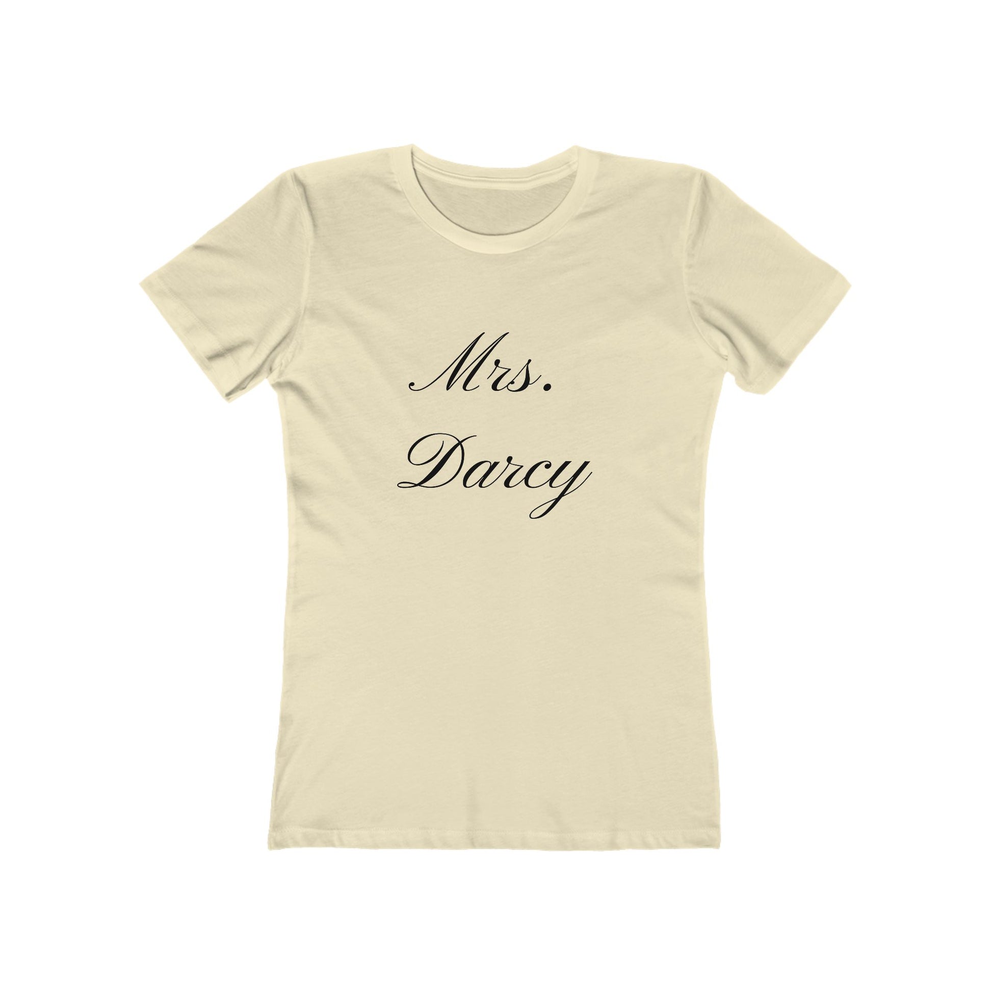Mrs Darcy black text on woman's t-shirt - natural