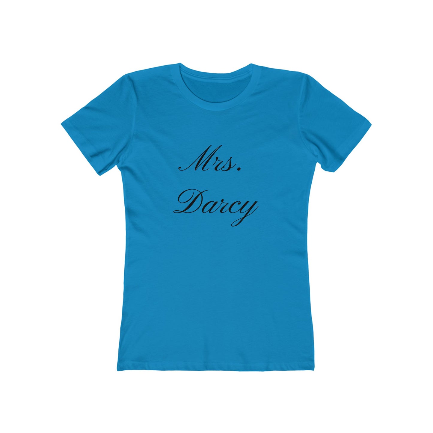 Mrs Darcy black text on woman's t-shirt - cerulean blue