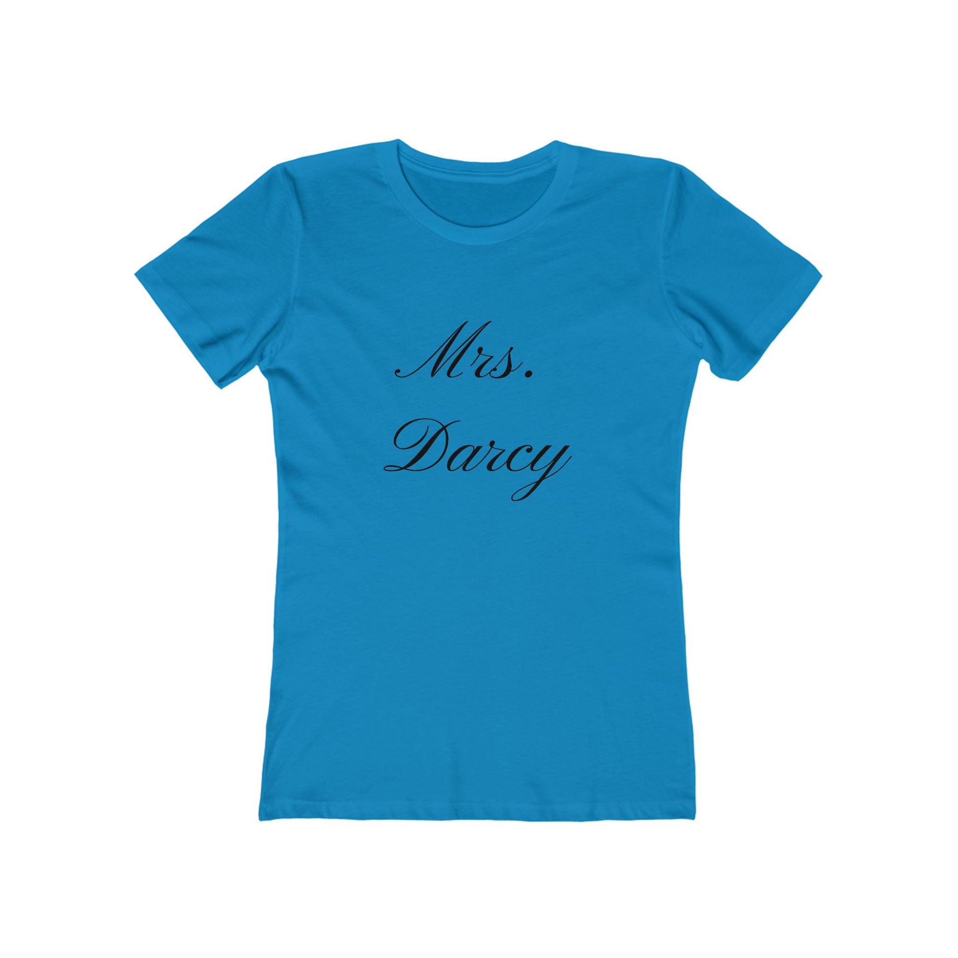 Mrs Darcy black text on woman's t-shirt - cerulean blue