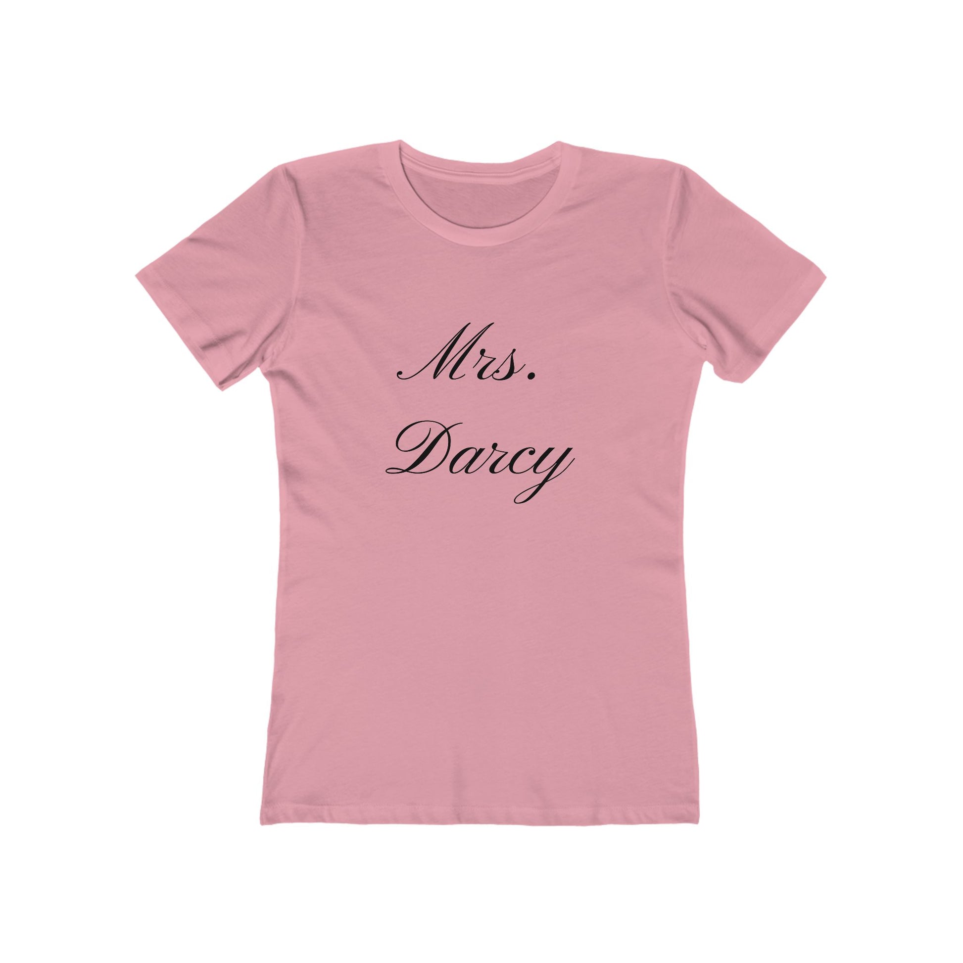 Mrs Darcy black text on woman's t-shirt  - light pink 