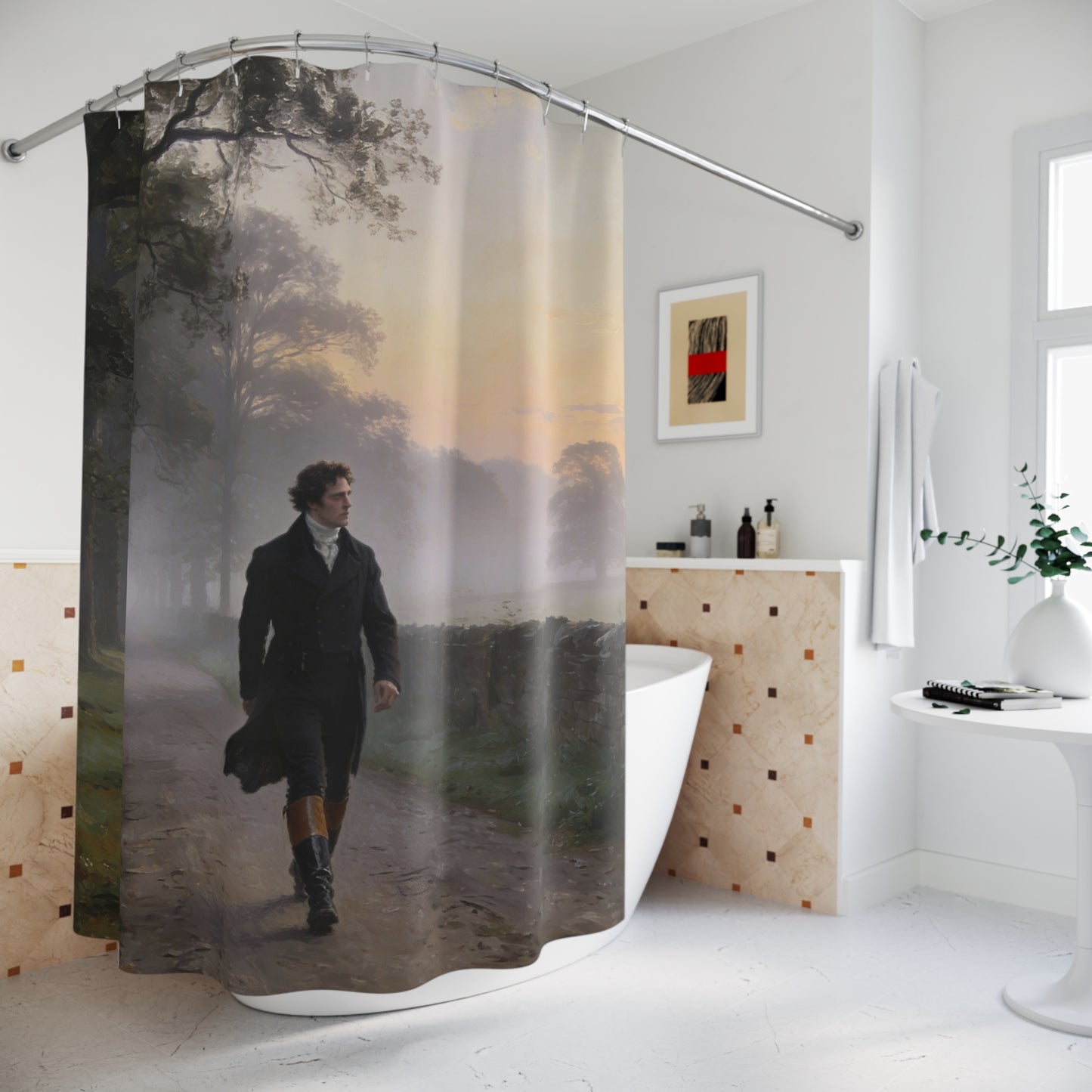Shower curtain with a person walking in a scenic landscape in a modern bathroom.