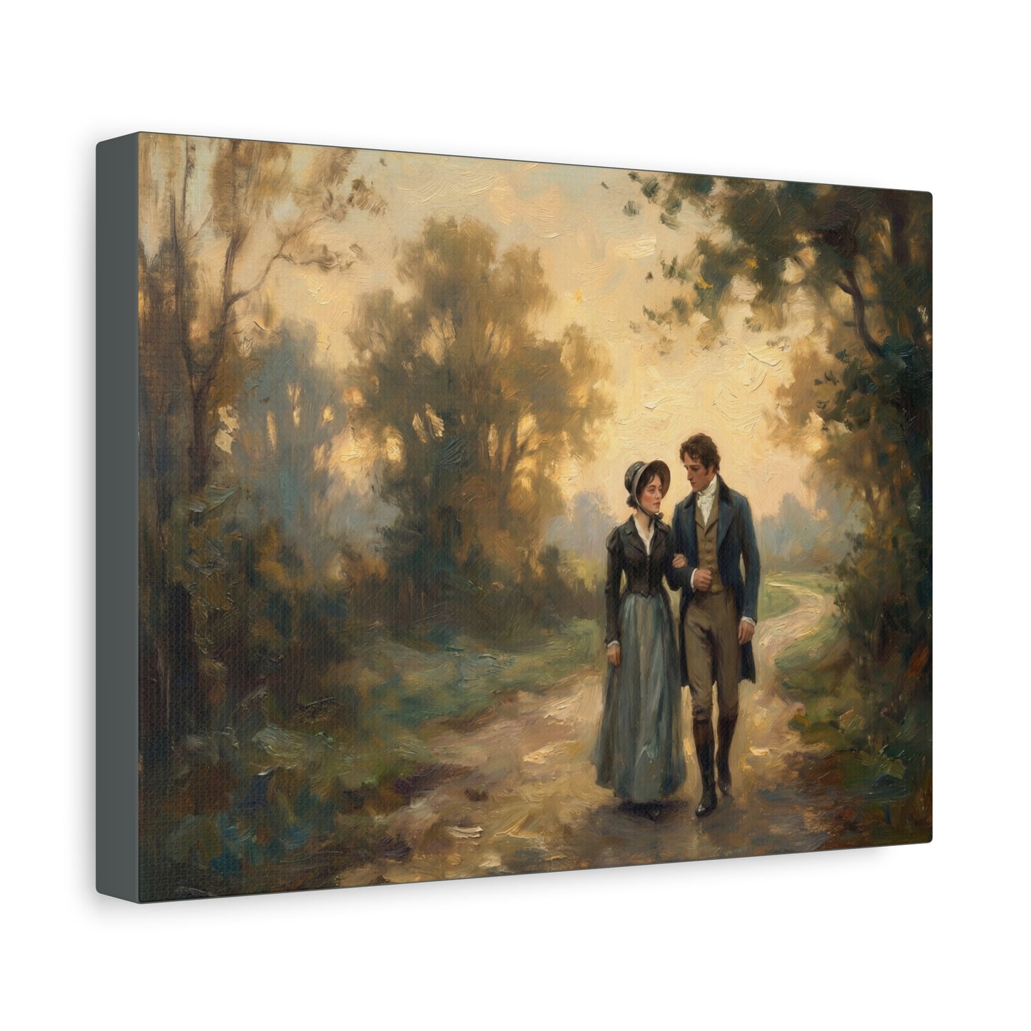 Painting of a couple walking hand in hand through a forest