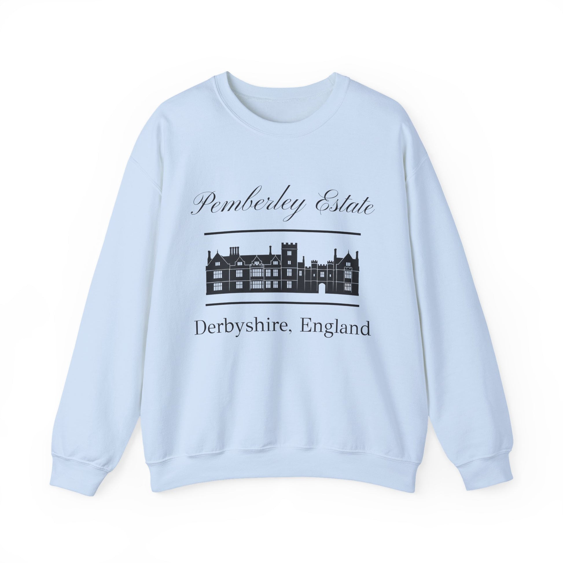 Pemberley Estate Derbyshire England lettering with building  unisex light blue sweatshirt
