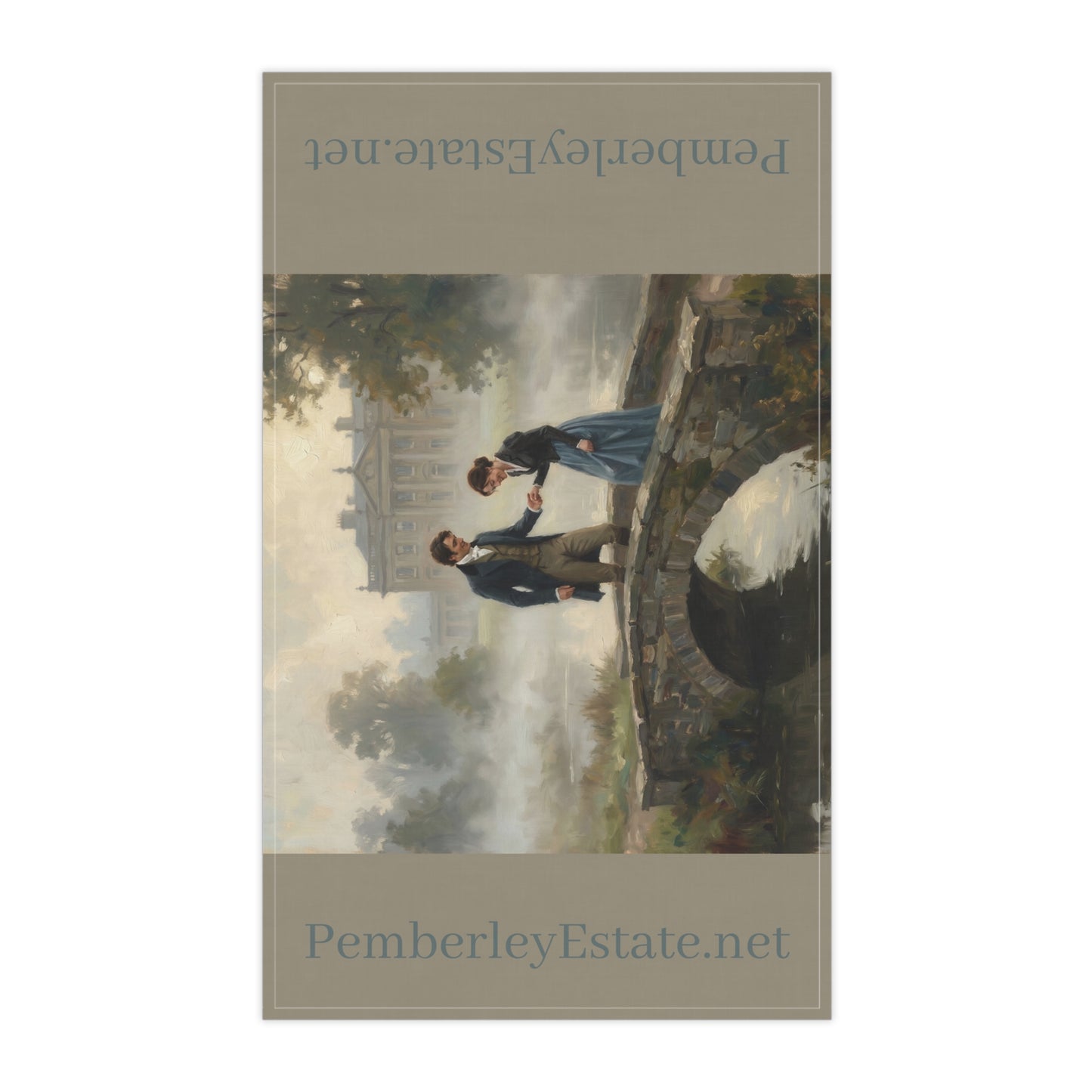 Lizzy & Darcy at Pemberley Bridge Tea Towel — PemberleyEstate.net (Cotton Twill, 18" × 30")