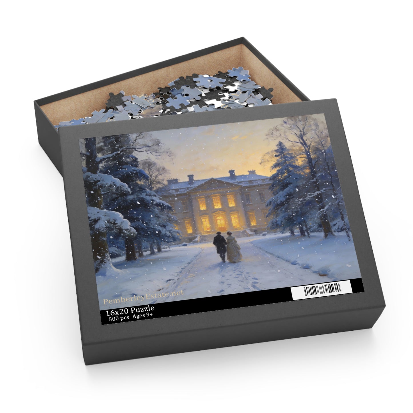 Jigsaw puzzle in a box with a winter scene design