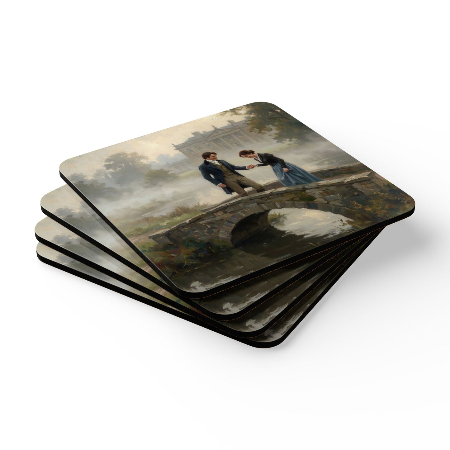 Set of four coasters with a scenic design of Darcy helping Lizzy over a bridge