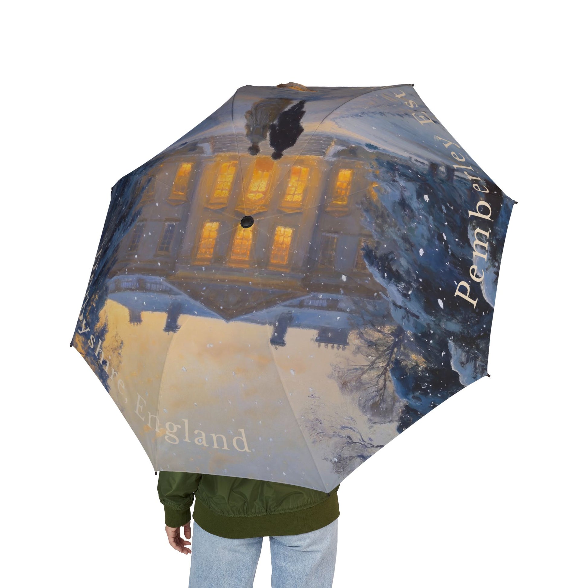 Umbrella with a design of a building and 'Pembroke' text on a white background