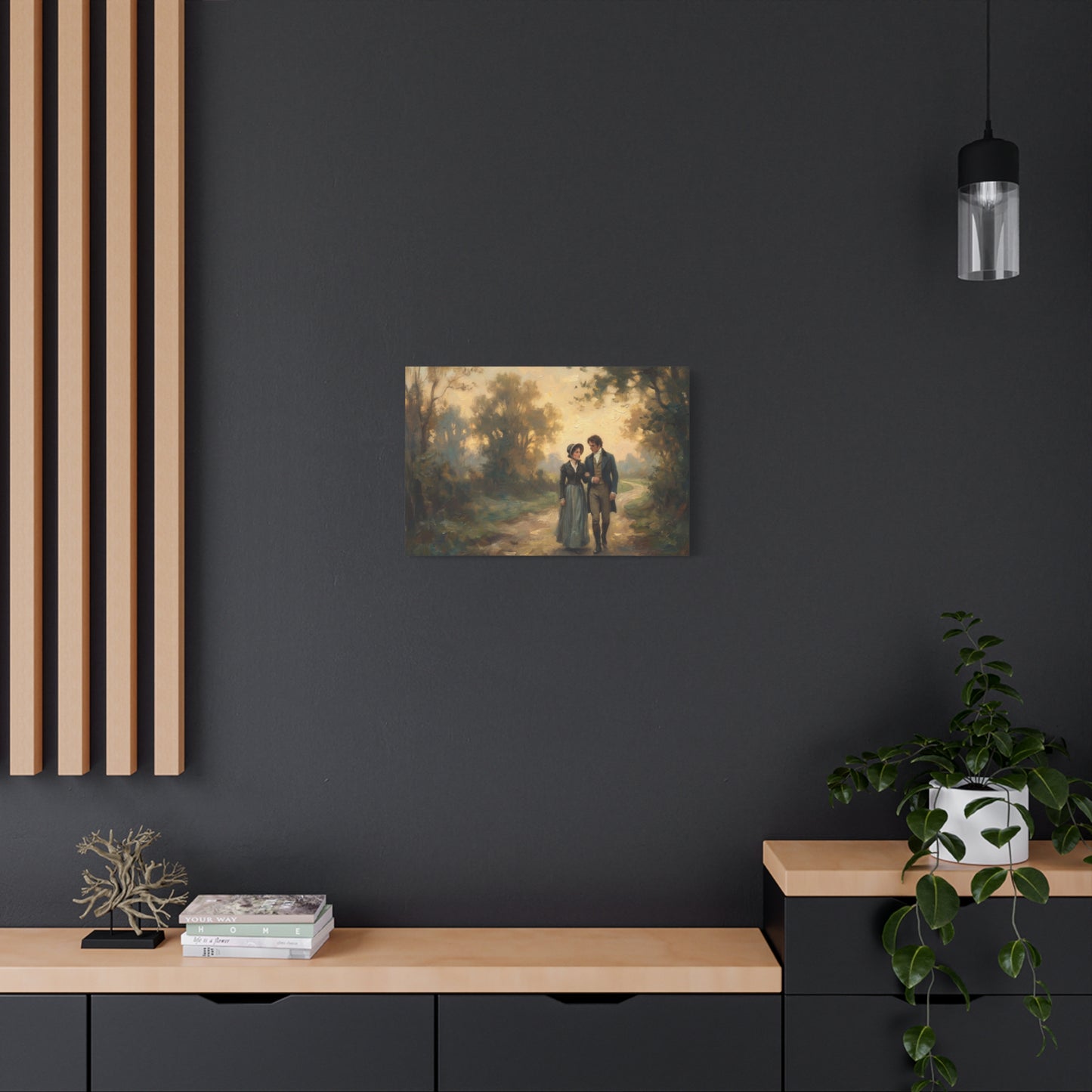 Canvas print of a lion and sunset on a dark wall above a wooden shelf.