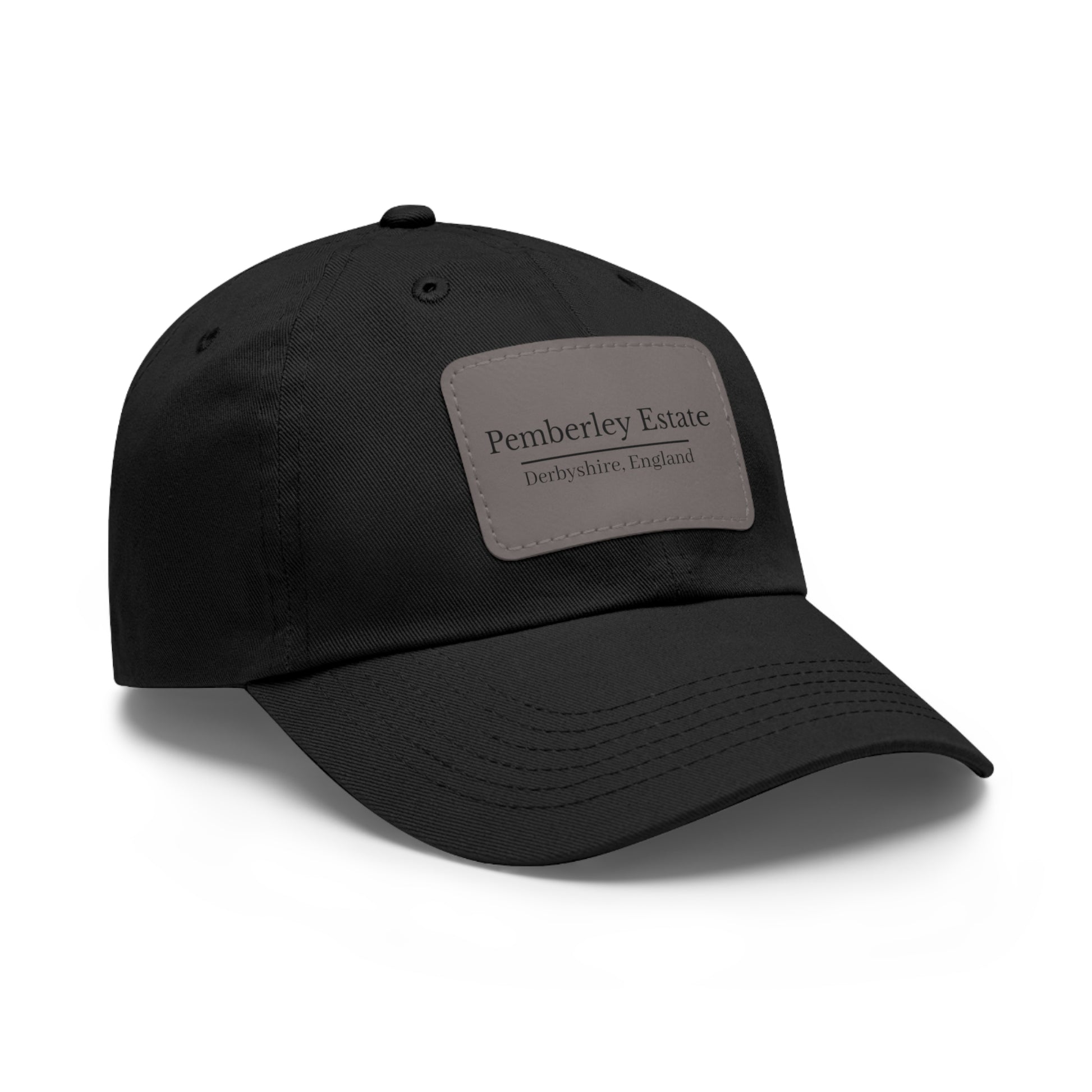 Black hat with Pemberley Estate writing on  a leather patch