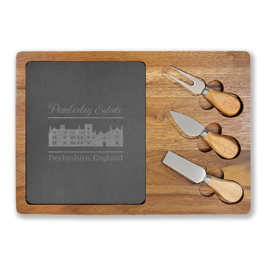 Pemberley Estate Derbyshire England with building etching on charcuterie board with utensils